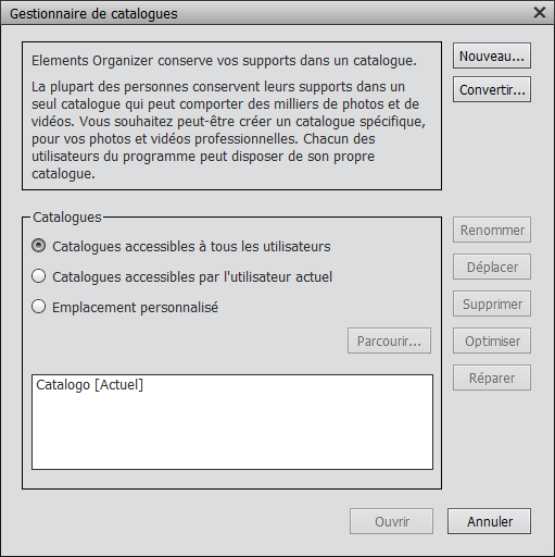 Création et modification de catalogues dans Adobe Elements Organizer